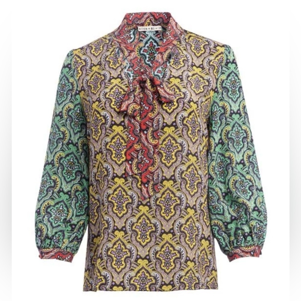Alice + Olivia Sheila Blouson Sleeve V-Neck Crest Tile Top Blouse